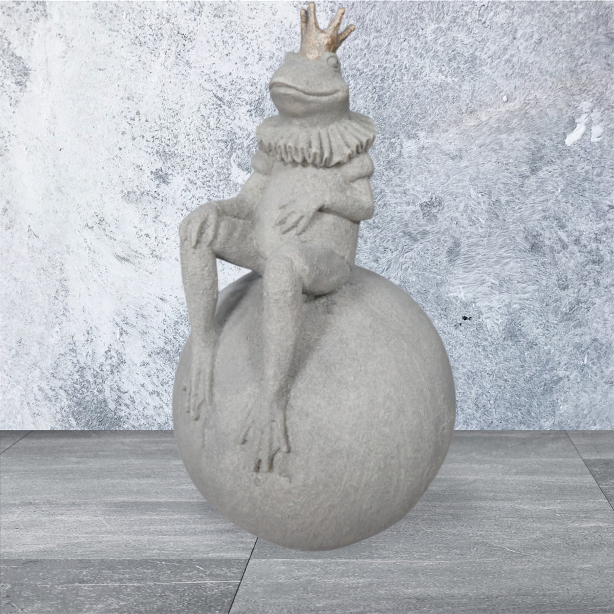 King Frog on Ball Sculpture - Resin Frog with Concrete Look | Sign of the times Stoke