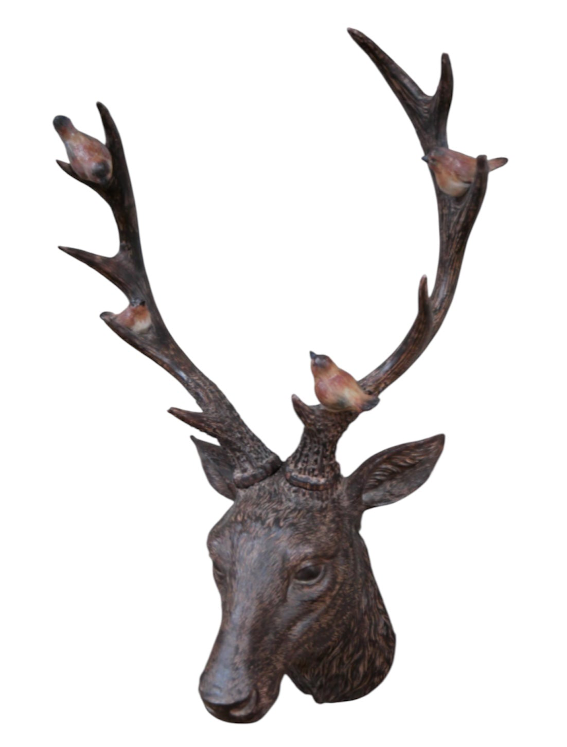 Rustic Brown Stag Head with Robins – Resin Wall Decor | Sign of the times Stoke
