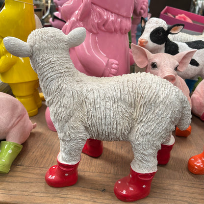 Lamb with Red Wellies – Resin Sheep Garden Ornament | Sign of the times Stoke