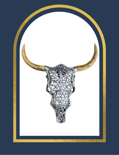 Silver Bison Skull Wall Mount - Antique Aluminium and Wood Tribal Decor | Sign of the times Stoke
