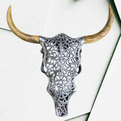 Silver Bison Skull Wall Mount - Antique Aluminium and Wood Tribal Decor | Sign of the times Stoke