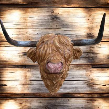 Resin Highland Cow Wall Head | Rustic Farmhouse-Style Animal Wall Decor | Sign of the times Stoke