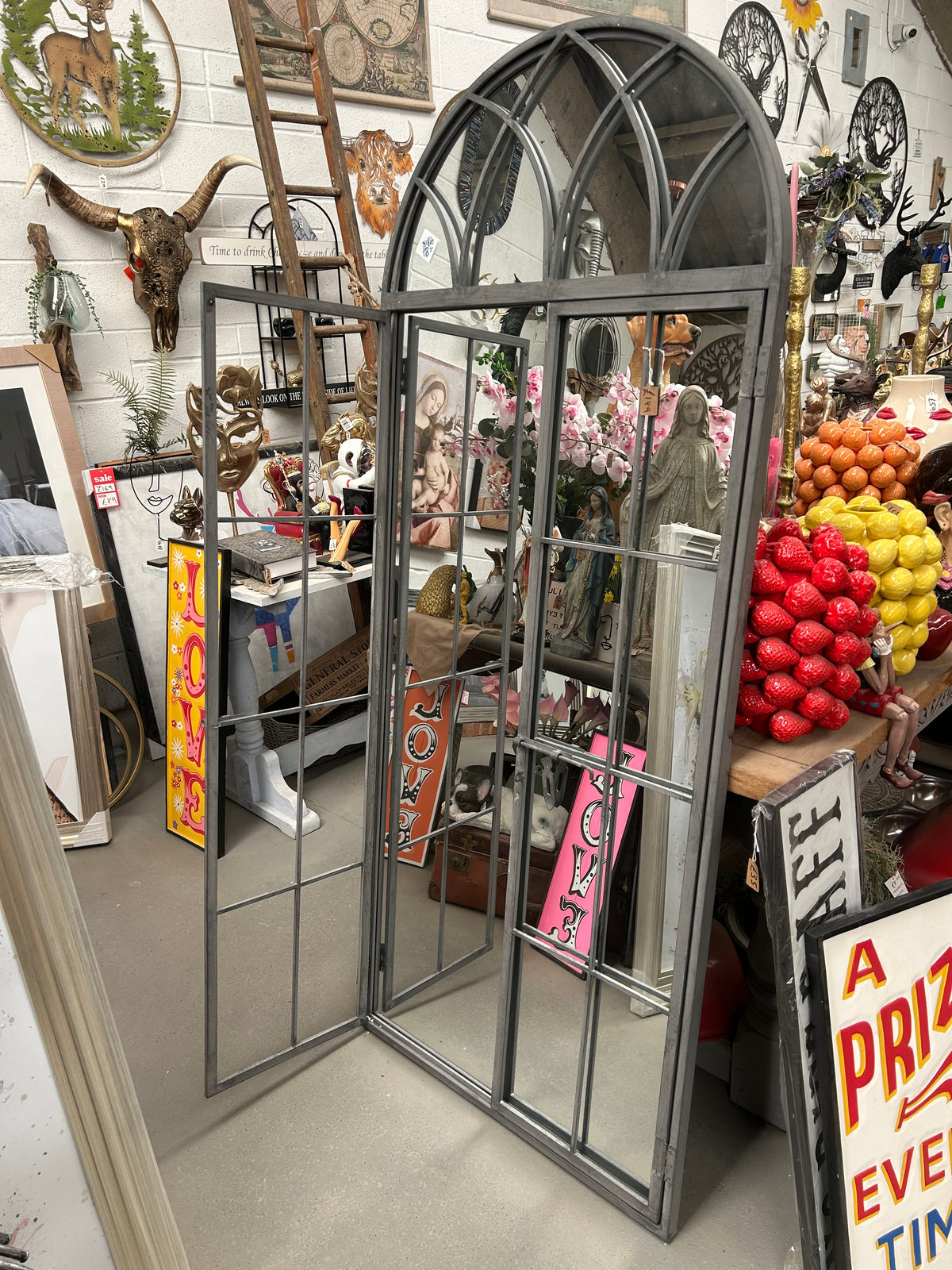 Grey metal outdoor mirror - Large antiqued arch design with opening doors | Sign of the times Stoke