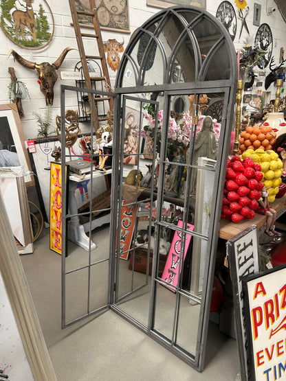 Grey metal outdoor mirror - Large antiqued arch design with opening doors | Sign of the times Stoke