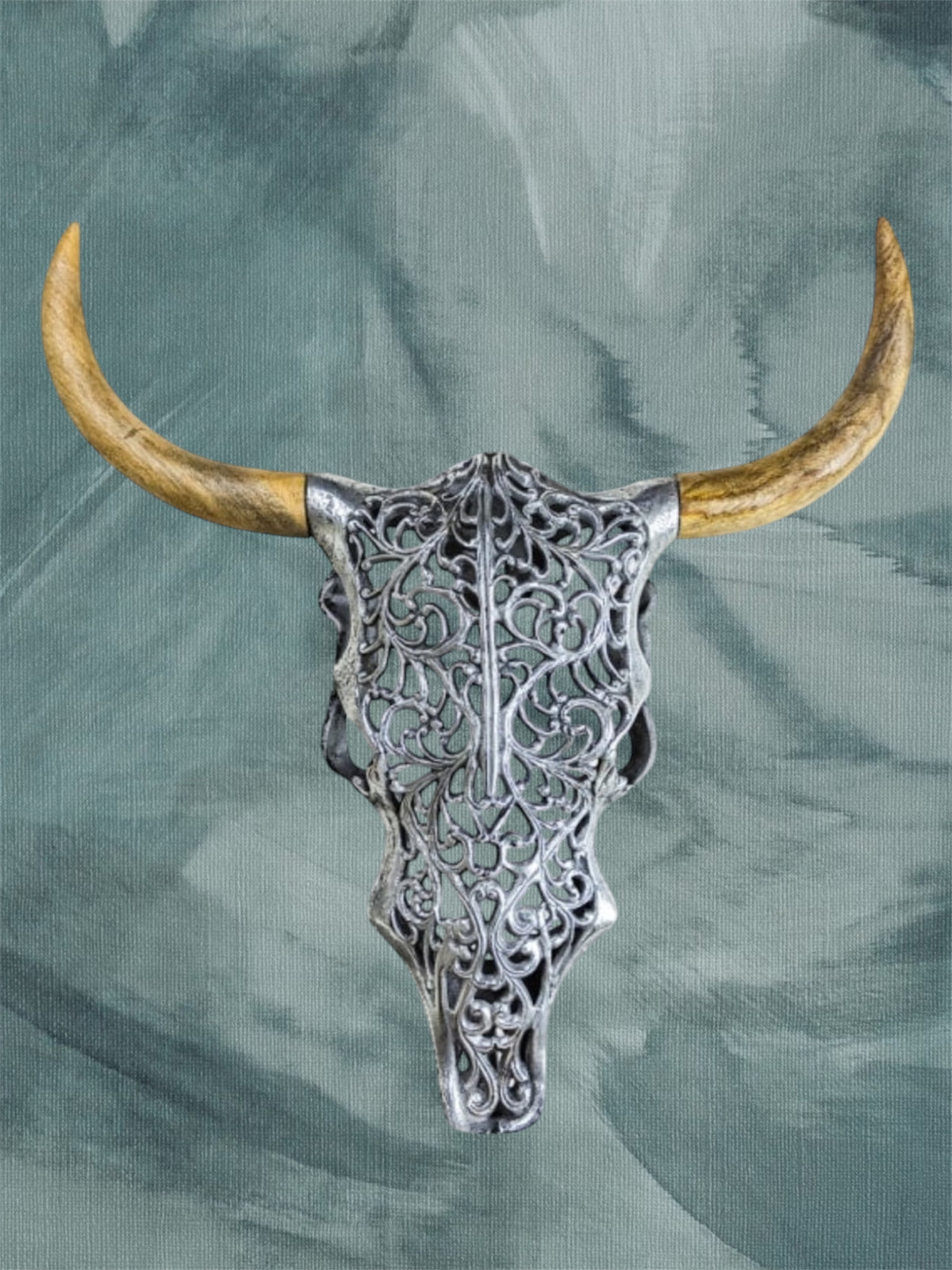 Silver Bison Skull Wall Mount - Antique Aluminium and Wood Tribal Decor | Sign of the times Stoke
