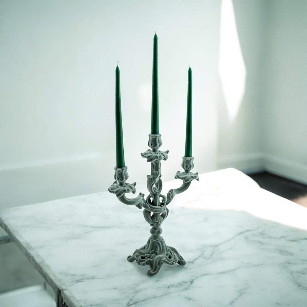 Light Grey/Blue Flock Ornate Candelabra – Luxe Velvet-Look Candle Holder | Sign of the times Stoke