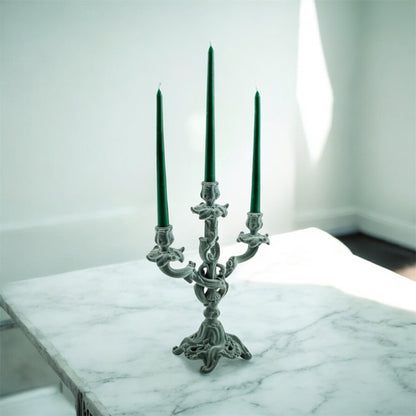 Light Grey/Blue Flock Ornate Candelabra – Luxe Velvet-Look Candle Holder | Sign of the times Stoke