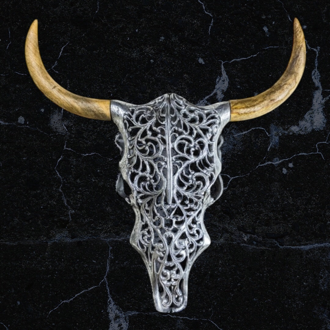 Silver Bison Skull Wall Mount - Antique Aluminium and Wood Tribal Decor | Sign of the times Stoke