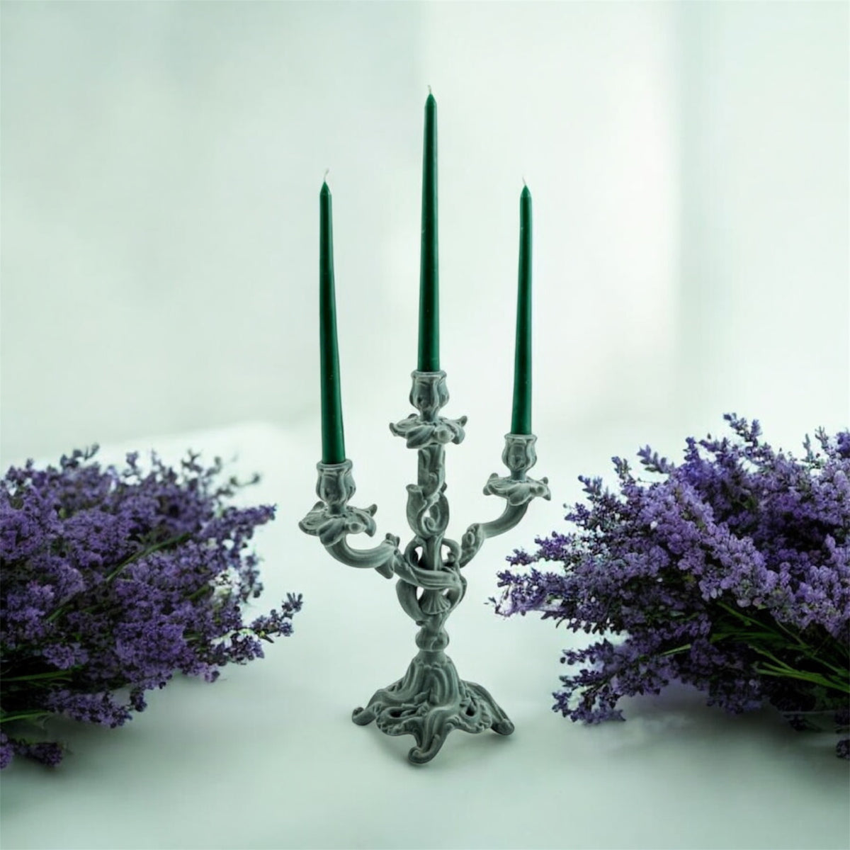 Light Grey/Blue Flock Ornate Candelabra – Luxe Velvet-Look Candle Holder | Sign of the times Stoke