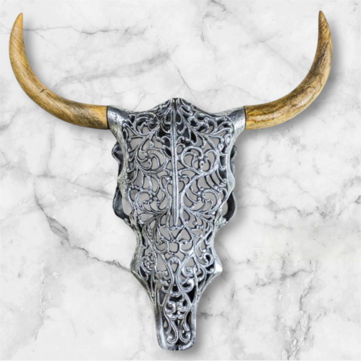 Silver Bison Skull Wall Mount - Antique Aluminium and Wood Tribal Decor | Sign of the times Stoke