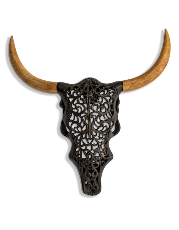 Distressed Black & Wood Tribal Bison Wall Head – Bold Boho Animal Wall Art | Sign of the times Stoke