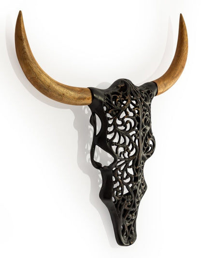 Distressed Black & Wood Tribal Bison Wall Head – Bold Boho Animal Wall Art | Sign of the times Stoke