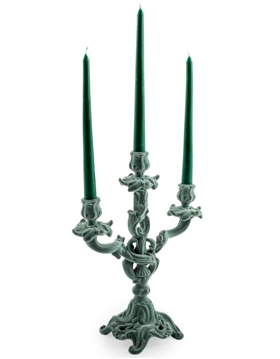 Light Grey/Blue Flock Ornate Candelabra – Luxe Velvet-Look Candle Holder | Sign of the times Stoke