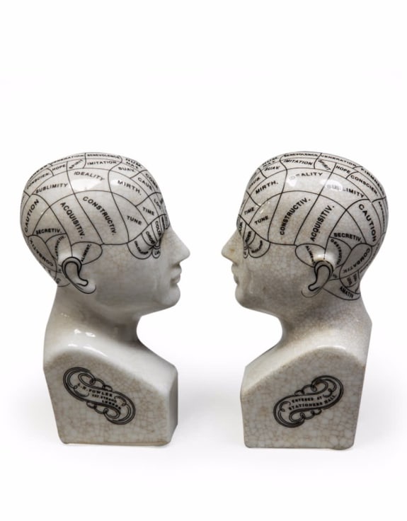 Antiqued ceramic phrenology head bookends/ornaments | Sign of the times Stoke