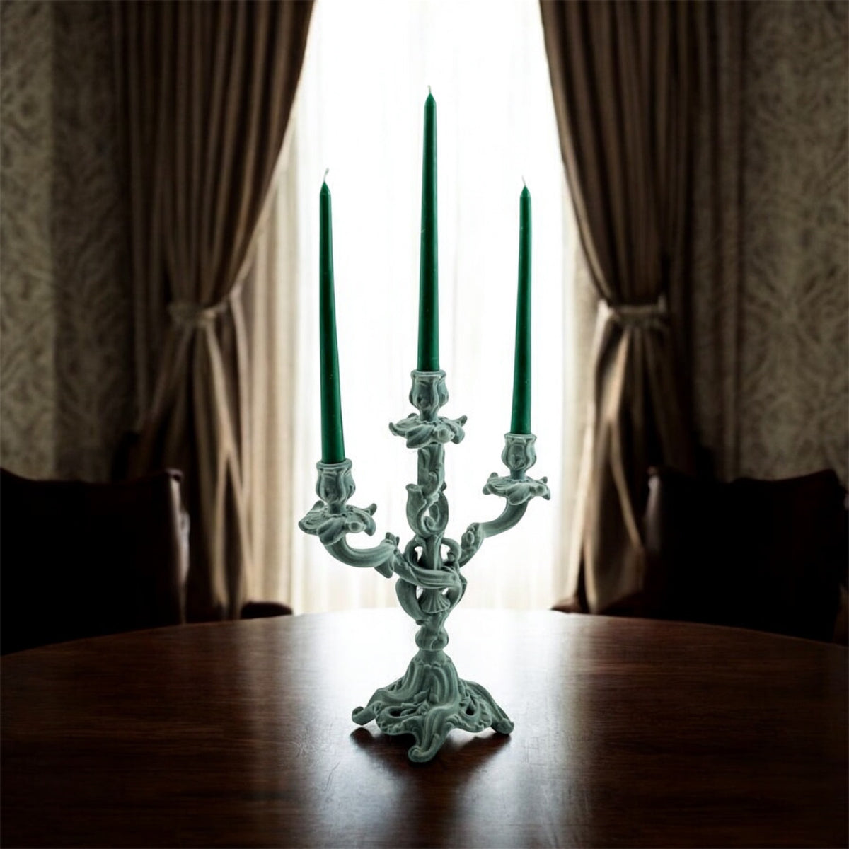 Light Grey/Blue Flock Ornate Candelabra – Luxe Velvet-Look Candle Holder | Sign of the times Stoke