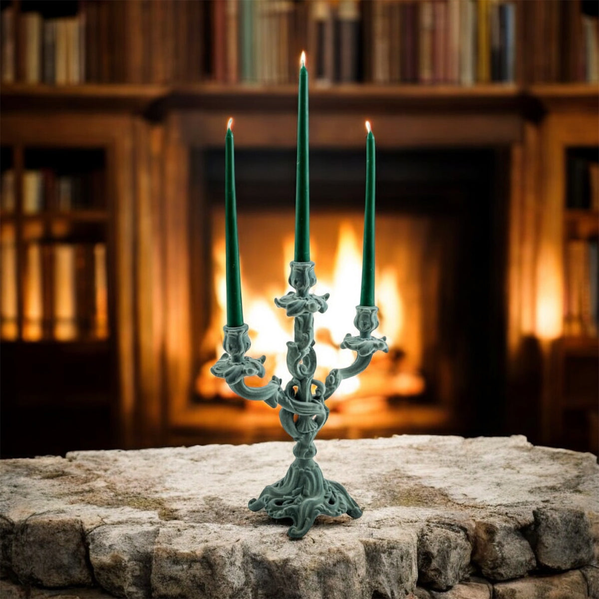 Light Grey/Blue Flock Ornate Candelabra – Luxe Velvet-Look Candle Holder | Sign of the times Stoke