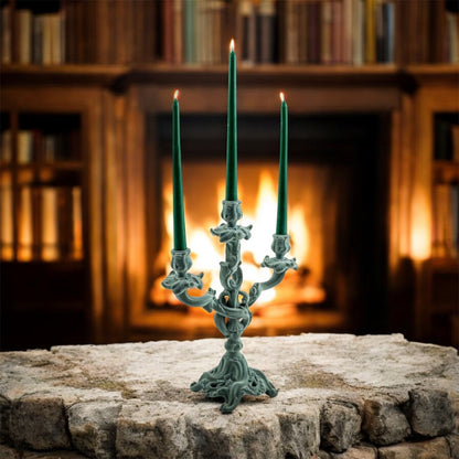 Light Grey/Blue Flock Ornate Candelabra – Luxe Velvet-Look Candle Holder | Sign of the times Stoke