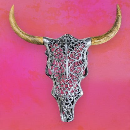Silver Bison Skull Wall Mount - Antique Aluminium and Wood Tribal Decor | Sign of the times Stoke