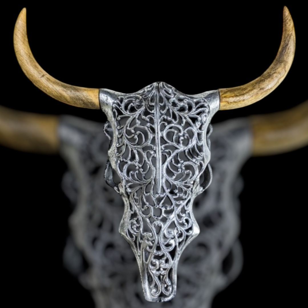 Silver Bison Skull Wall Mount - Antique Aluminium and Wood Tribal Decor | Sign of the times Stoke
