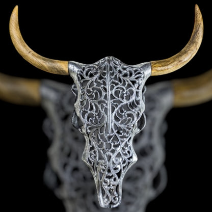 Silver Bison Skull Wall Mount - Antique Aluminium and Wood Tribal Decor | Sign of the times Stoke