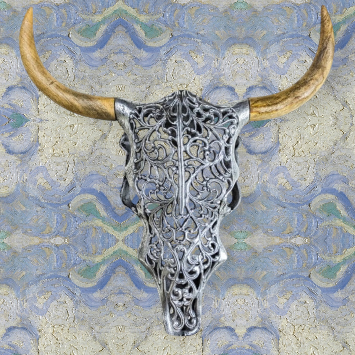 Silver Bison Skull Wall Mount - Antique Aluminium and Wood Tribal Decor | Sign of the times Stoke