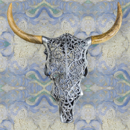 Silver Bison Skull Wall Mount - Antique Aluminium and Wood Tribal Decor | Sign of the times Stoke