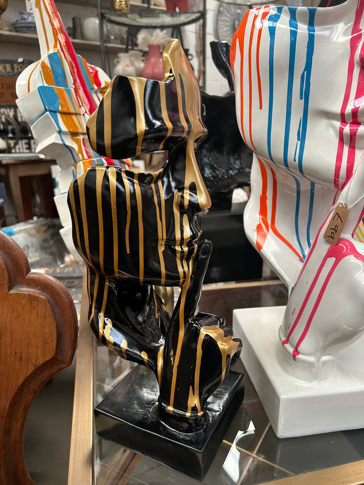 Stunning Black and Gold Splashed Painted Face Sculpture – Contemporary Artistic Decor | Sign of the times Stoke