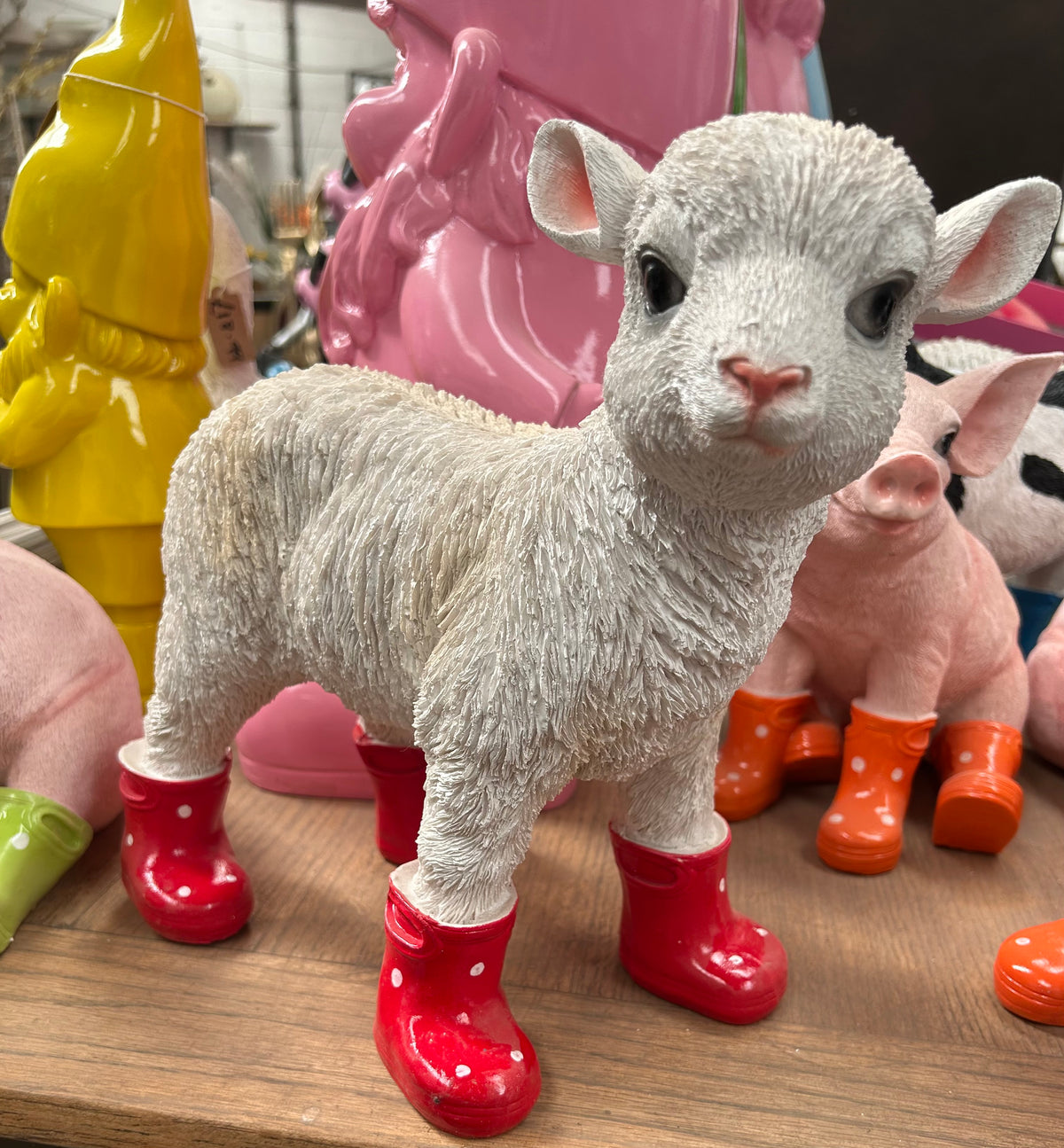 Lamb with Red Wellies – Resin Sheep Garden Ornament | Sign of the times Stoke