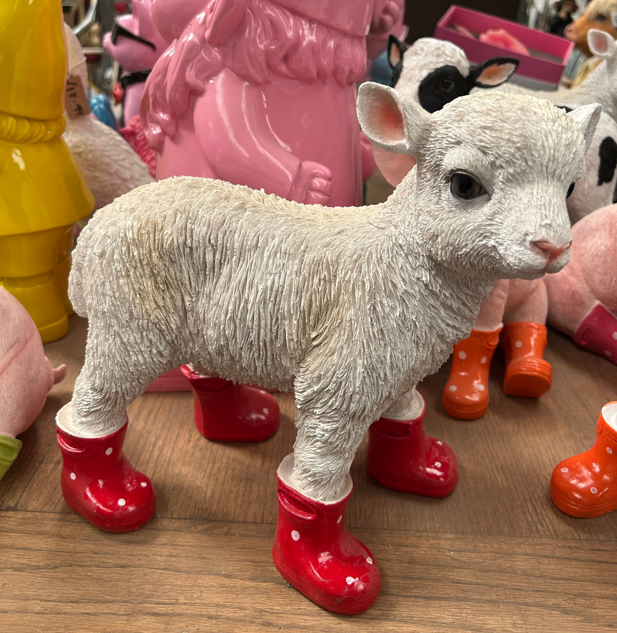 Lamb with Red Wellies – Resin Sheep Garden Ornament | Sign of the times Stoke