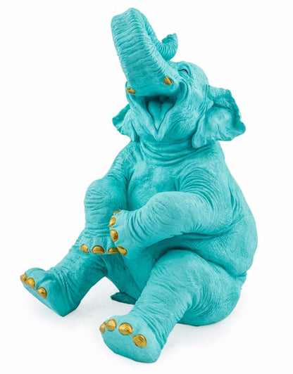 Pale Blue Laughing Elephant with Gold Details – Elegant Decorative Sculpture | Sign of the times Stoke