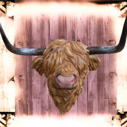 Resin Highland Cow Wall Head | Rustic Farmhouse-Style Animal Wall Decor | Sign of the times Stoke
