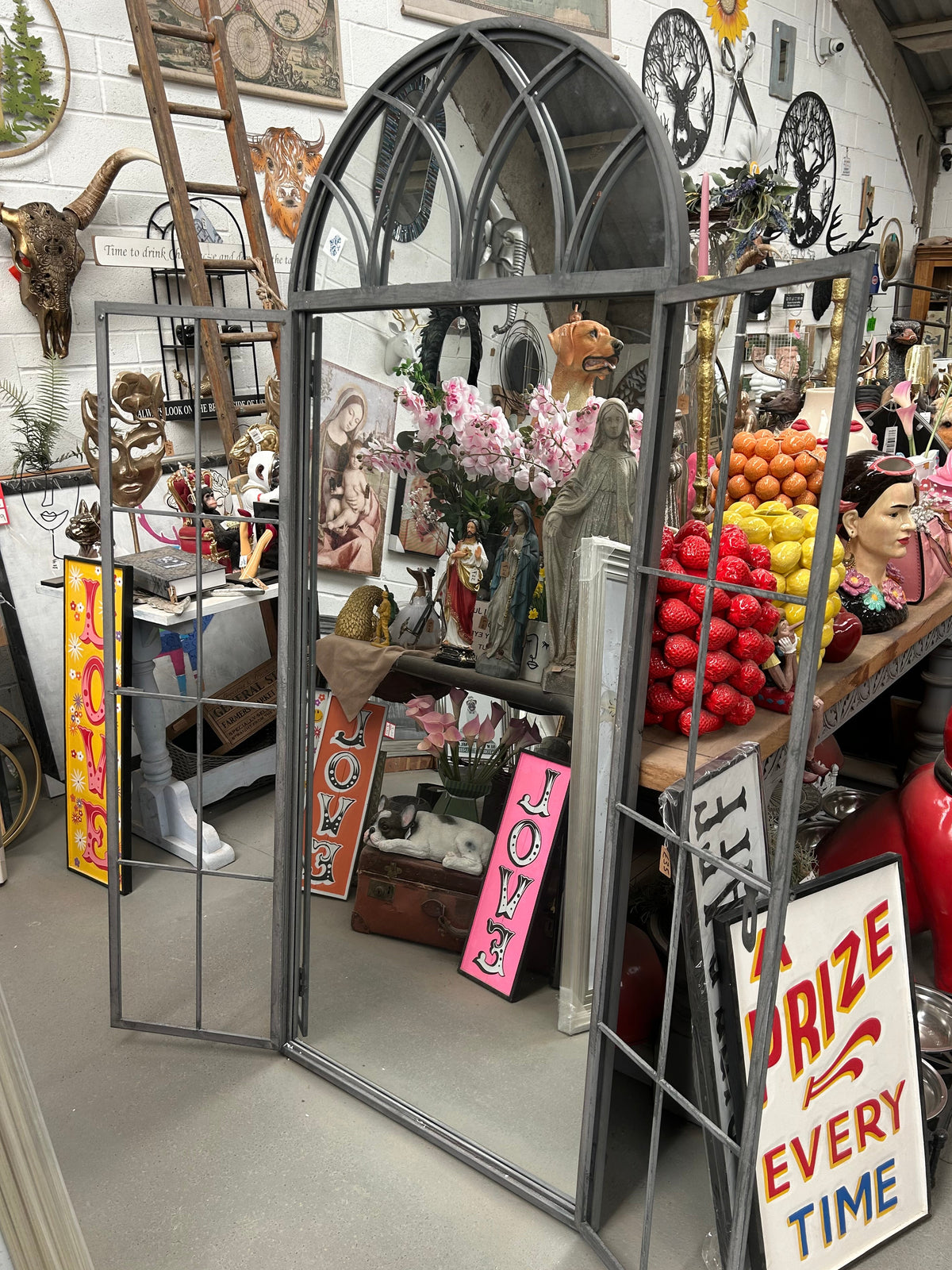 Grey metal outdoor mirror - Large antiqued arch design with opening doors | Sign of the times Stoke