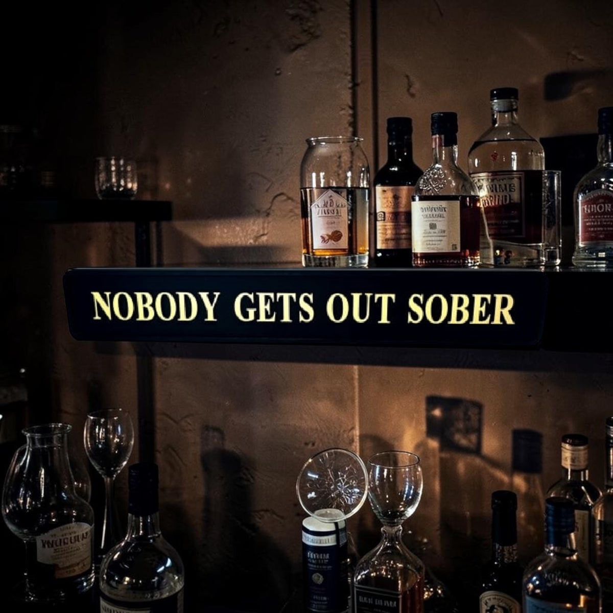 Black & Gold “Nobody Gets Out Sober” Wall Sign – Humorous Statement Décor | Sign of the times Stoke