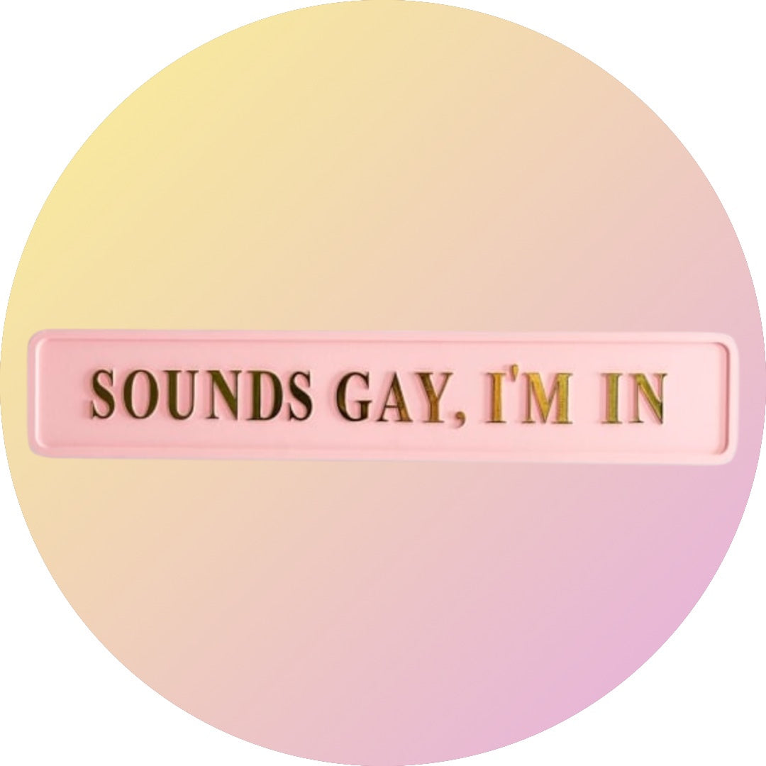 "Sounds Gay, I'm In" Sign - Pink and Gold MDF Wall Art | Sign of the times Stoke