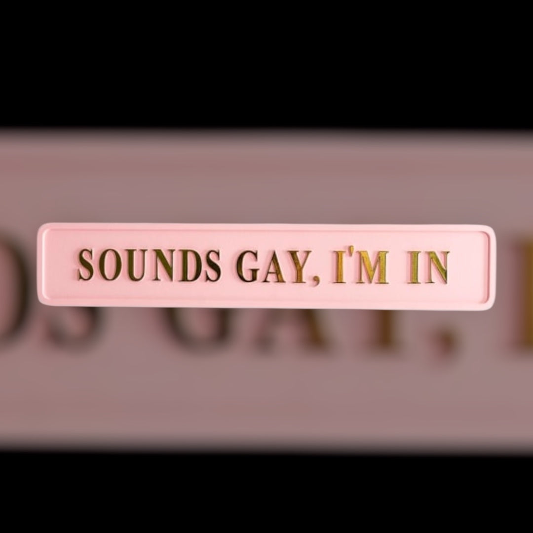 "Sounds Gay, I'm In" Sign - Pink and Gold MDF Wall Art | Sign of the times Stoke