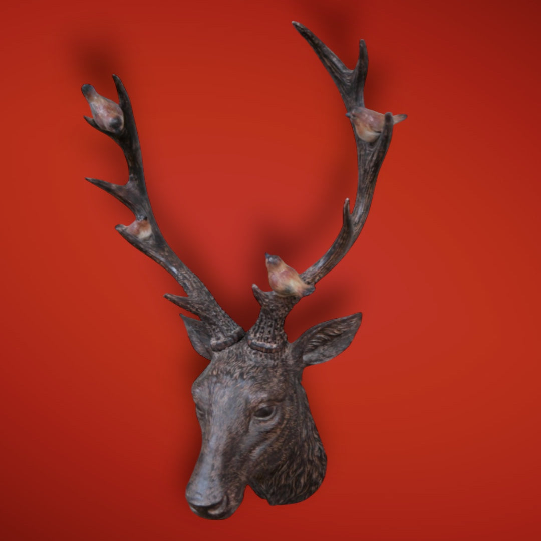 Rustic Brown Stag Head with Robins – Resin Wall Decor | Sign of the times Stoke