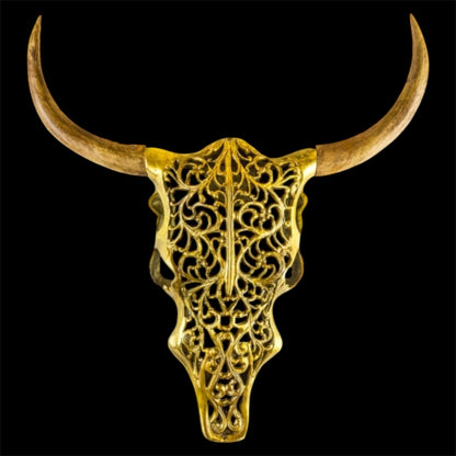 Gold Bison Skull Wall Mount - Antique Aluminium and Wood Tribal Decor | Sign of the times Stoke