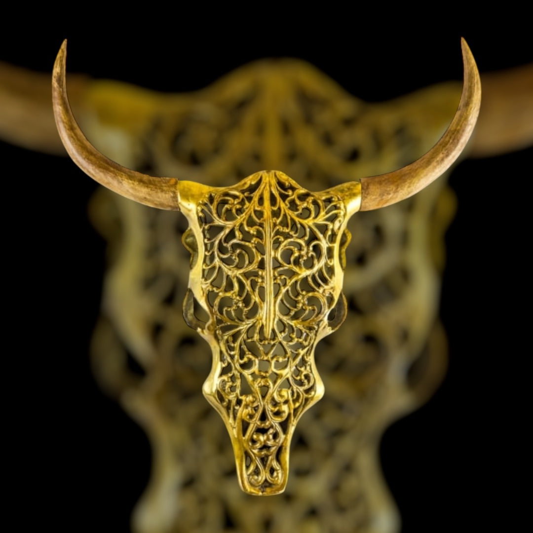 Gold Bison Skull Wall Mount - Antique Aluminium and Wood Tribal Decor | Sign of the times Stoke