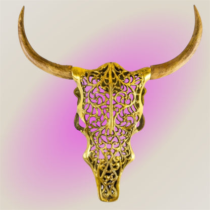 Gold Bison Skull Wall Mount - Antique Aluminium and Wood Tribal Decor | Sign of the times Stoke
