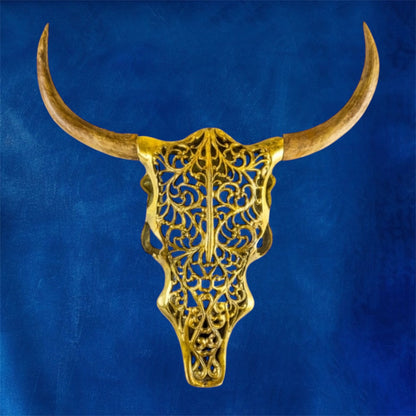 Gold Bison Skull Wall Mount - Antique Aluminium and Wood Tribal Decor | Sign of the times Stoke