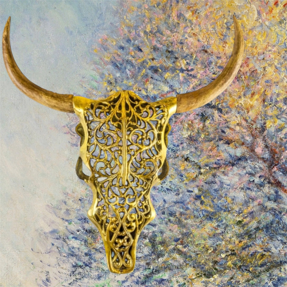 Gold Bison Skull Wall Mount - Antique Aluminium and Wood Tribal Decor | Sign of the times Stoke