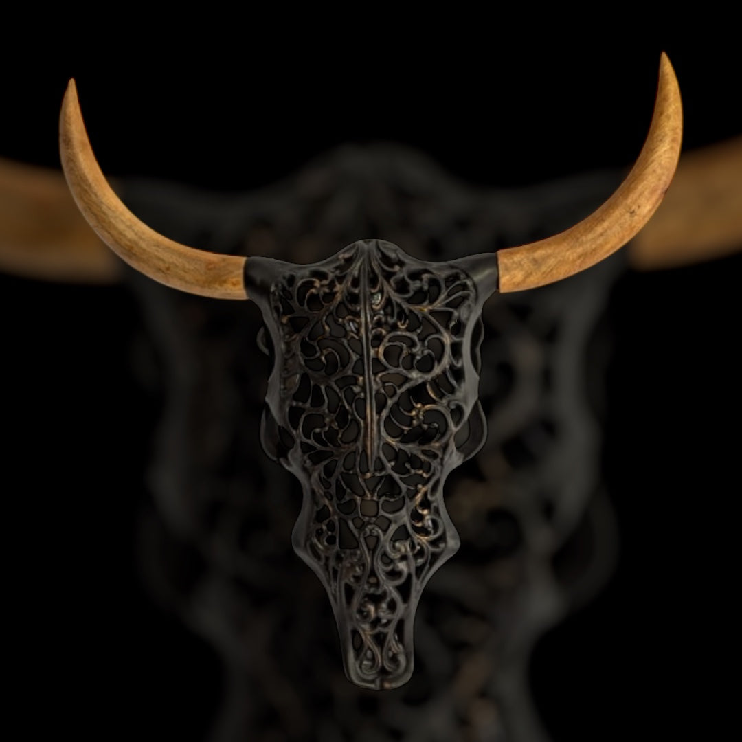 Distressed Black & Wood Tribal Bison Wall Head – Bold Boho Animal Wall Art | Sign of the times Stoke