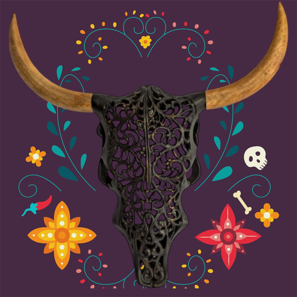 Distressed Black & Wood Tribal Bison Wall Head – Bold Boho Animal Wall Art | Sign of the times Stoke
