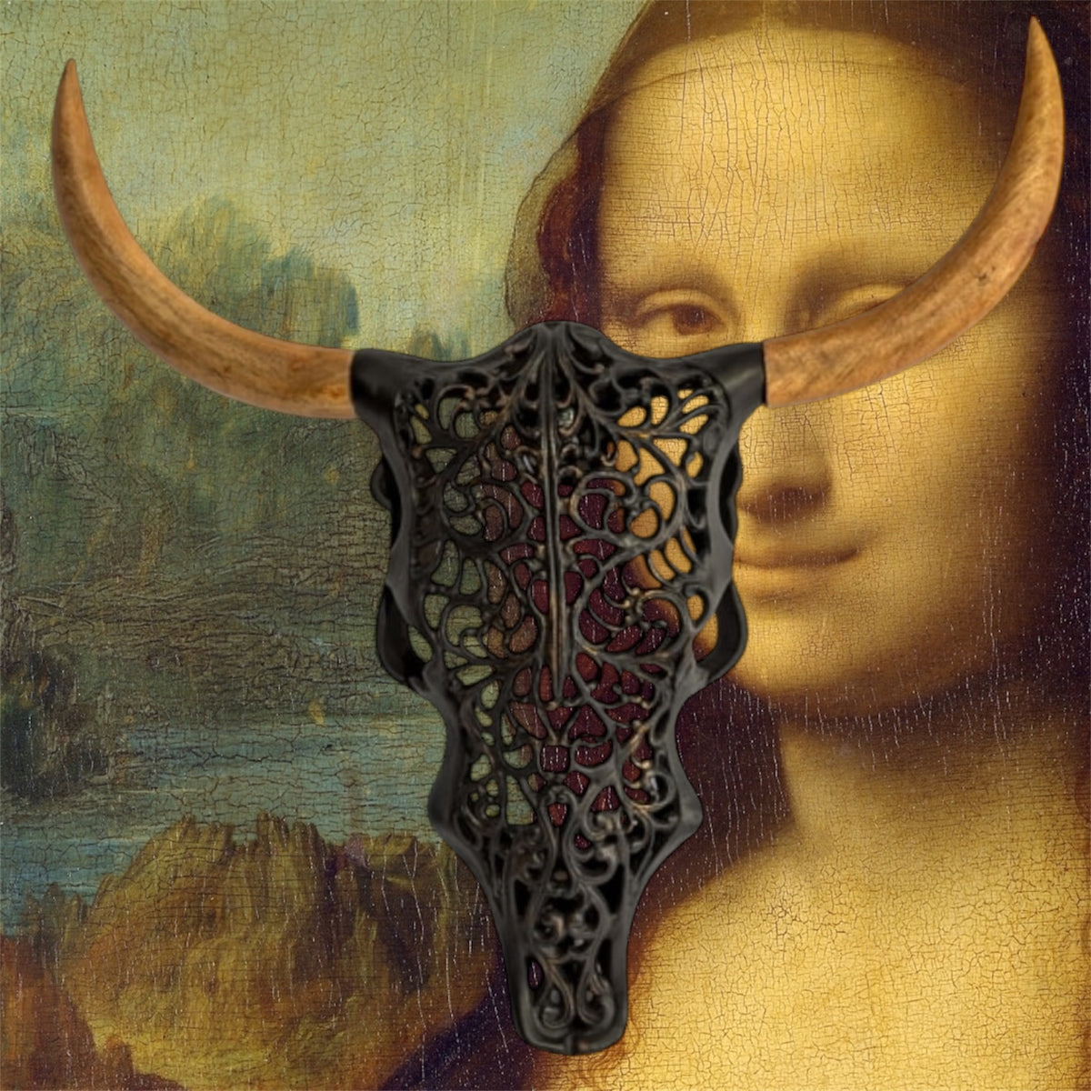 Distressed Black & Wood Tribal Bison Wall Head – Bold Boho Animal Wall Art | Sign of the times Stoke