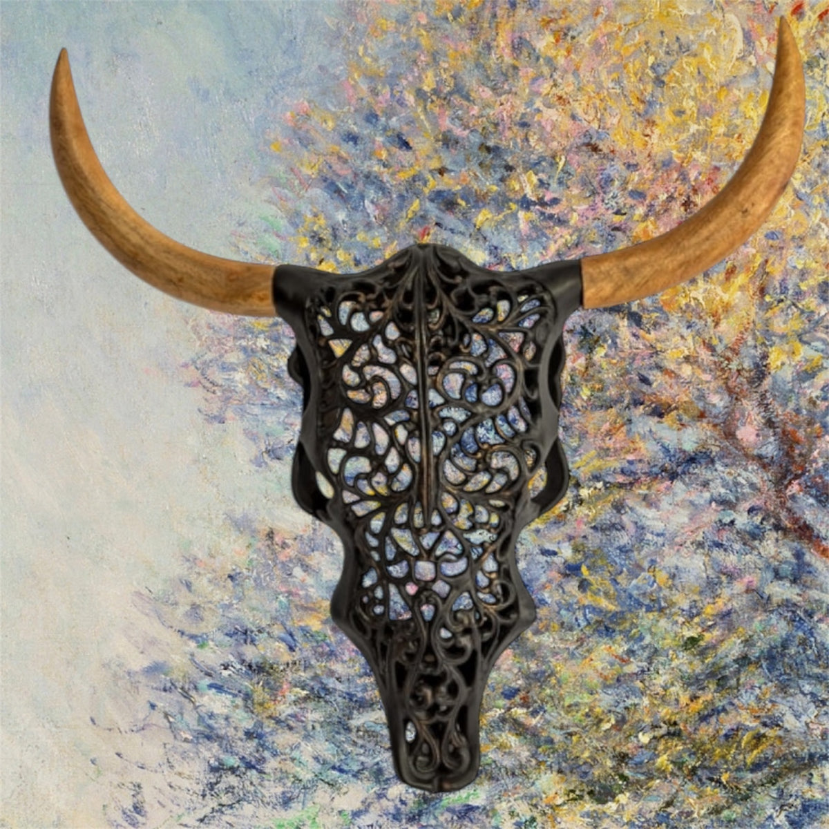 Distressed Black & Wood Tribal Bison Wall Head – Bold Boho Animal Wall Art | Sign of the times Stoke