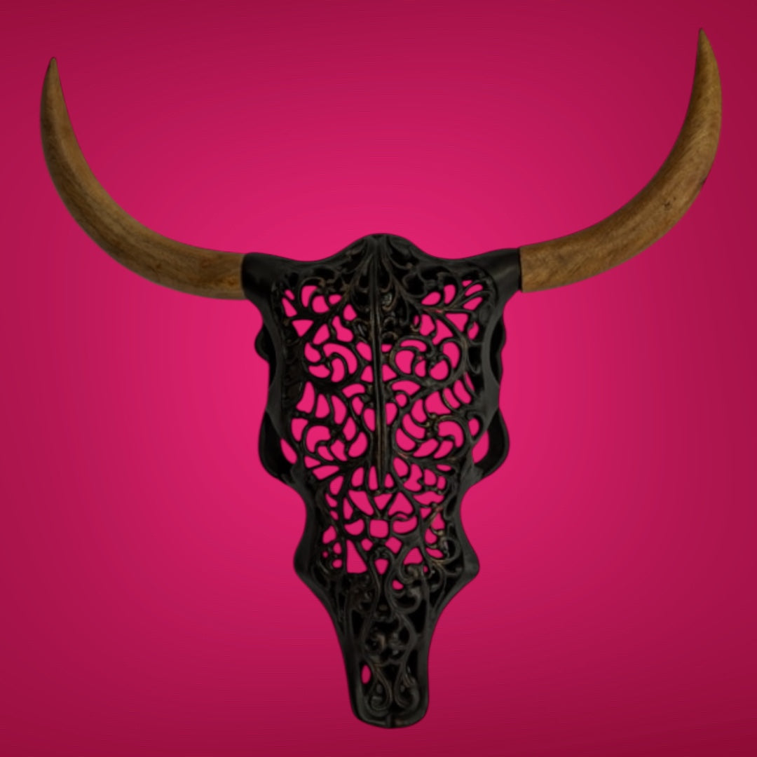 Distressed Black & Wood Tribal Bison Wall Head – Bold Boho Animal Wall Art | Sign of the times Stoke