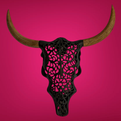 Distressed Black & Wood Tribal Bison Wall Head – Bold Boho Animal Wall Art | Sign of the times Stoke