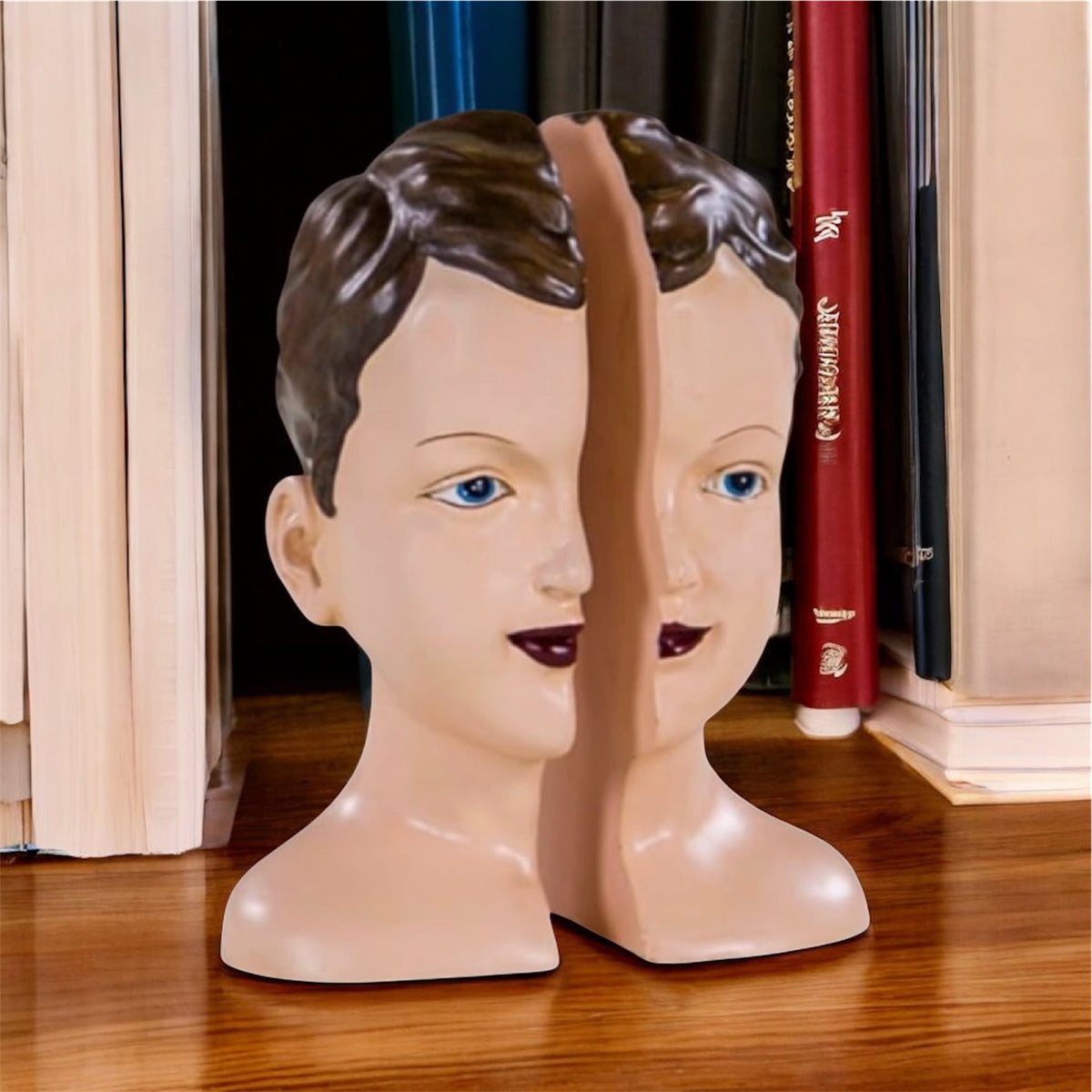 Antiqued Split Art Deco Head Bookends - Quirky Resin Decor | Sign of the times Stoke