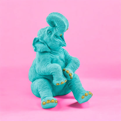 Pale Blue Laughing Elephant with Gold Details – Elegant Decorative Sculpture | Sign of the times Stoke