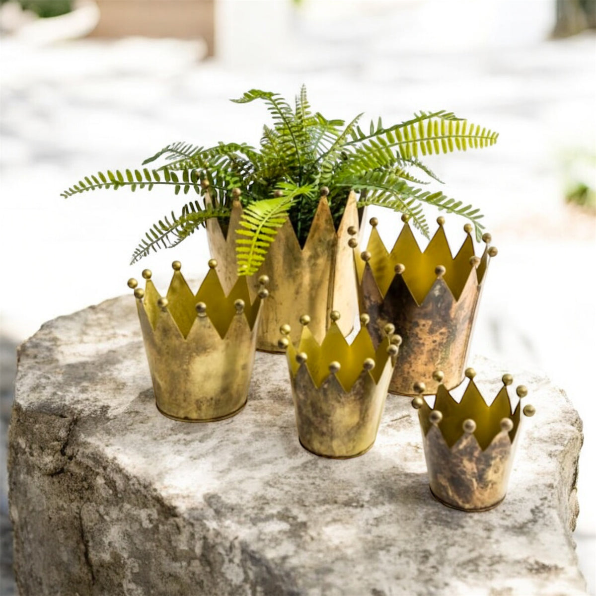 Set of 5 Antique Gold Metal Crown Planters – Elegant Indoor & Outdoor Décor | Sign of the times Stoke
